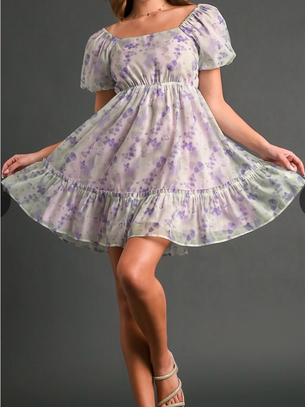 Umgee Lavender Floral Puff Sleeve Mini Dress